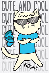 Hand drawn funny cat for t shirt