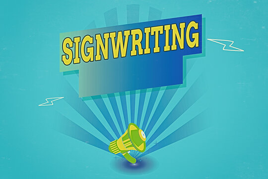 Writing note showing Signwriting. Business concept for any type of clear lettering intended for use on symbols Megaphone Lightning Burst and Rectangular form with shadow - Powered by Adobe