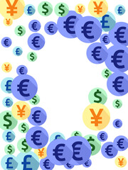 Euro dollar pound yen round icons flying money vector illustration. Income pattern. Currency 