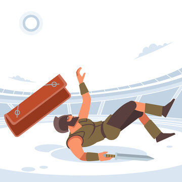 Gladiator lost in gladiatorial combat. Warrior's death. Vector isolated illustration. Flat cartoon style