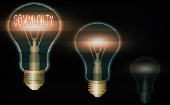 Word writing text Community. Business photo showcasing group of showing with a common characteristics living together Realistic colored vintage light bulbs, idea sign solution thinking concept