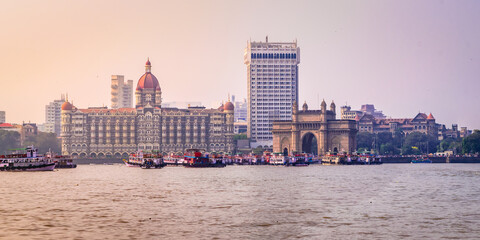Panoramic view of Mumbai cityscape & Gateway of India from harbour at Maharashtra, India.