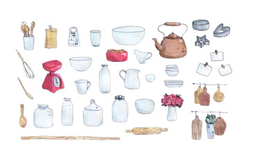 Happy cooking is a collection of high-quality hand-drawn watercolor and line art illustrations of tableware and kitchen  elements