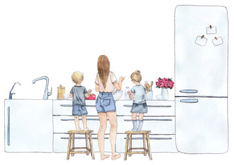 Happy cooking is a collection of high-quality hand-drawn watercolor and line art illustrations of happy family baking and cooking at home kitchen