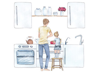 Happy cooking is a collection of high-quality hand-drawn watercolor and line art illustrations of happy family baking and cooking at home kitchen