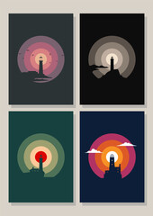 Lighthouse Silhouettes Poster Set, Beacons, Seagulls, Cliffs, Vintage Color Combinations