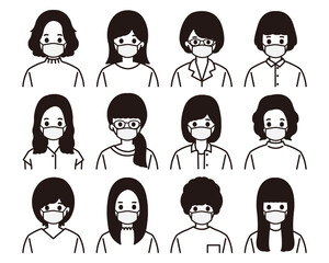マスクをしたモノクロ女性アイコンセット