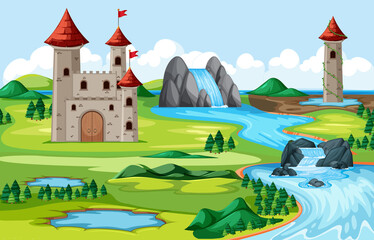 Castles and nature park with river side landscape scene