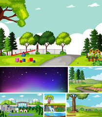 Six different scenes in nature setting cartoon style