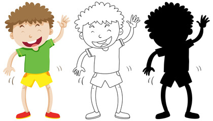 Funny boy dancing in colour and silhouette and outline