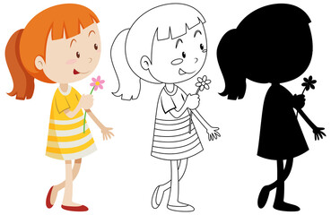 Girl with flower on her hand and its outline and silhouette set