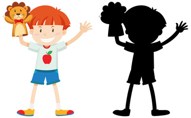 Boy playing with doll hand in colour and silhouette