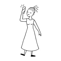 A girl in a dress with phones takes a selfie, takes pictures. Vector doodle illustration
