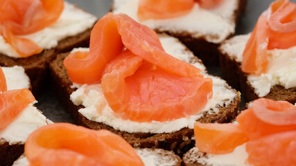 toast Salmon and soft Cheese on Fresh Bread, top view. toast with salmon