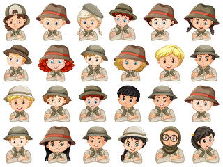 Set of different characters of boys and girls scout costume on a white background