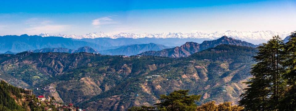 Beautiful panoramic cityscape of Shimla, the state capital of Himachal Pradesh located amidst Himalayas of India.