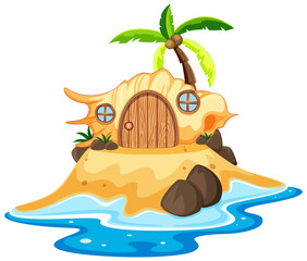 Shell fairy tale house on the beach cartoon style on white background