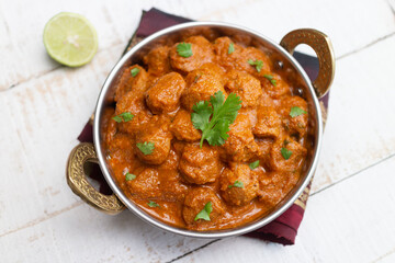 Vegan curry roast healthy soy meat, chunks, ball. Masala Soya Chunk Curry made using Soyabean nuggets and spices - protein rich food from India