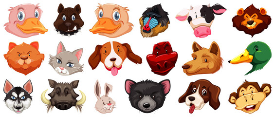 Obraz premium Set of different cute cartoon animals head huge isolated on white background