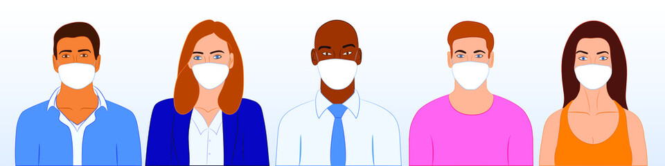Group of different people wearing face mask against Corona Virus Pandemic for virus protection. Flat vector illustration in minimal style.