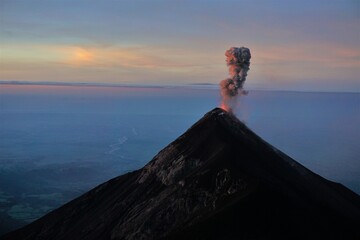 Fuego volcano in eruption by the sunrise