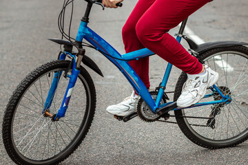 Fototapeta premium Legs on the pedals of a bicycle close-up, riding a road in the forest. The concept of a healthy lifestyle, cardio training. Copyspace.