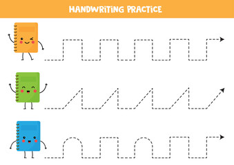 Tracing lines with cute kawaii copybooks. Educational game.