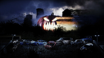 Big scary pumpkin in apocalypse city in fog. Aerial View of the destroyed city. Halloween concept. 3d rendering.
