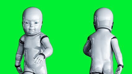 Baby robot isolate on green screen. 3d rendering.