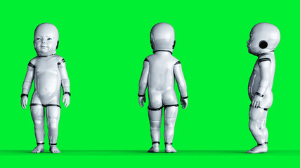 Baby robot isolate on green screen. 3d rendering.