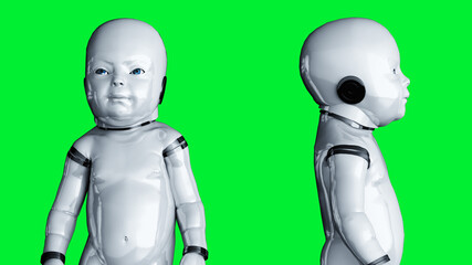 Baby robot isolate on green screen. 3d rendering.