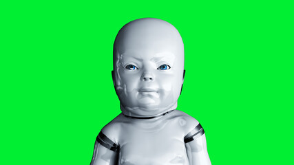 Baby robot isolate on green screen. 3d rendering.
