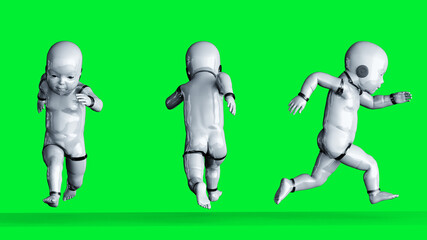 Obraz premium Baby robot isolate on green screen. 3d rendering.
