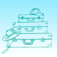 Han-drawn outline illustration with suitcases and hats