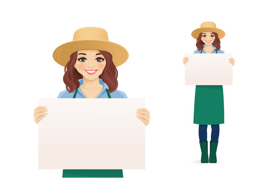Smiling gardening farmer woman in apron and straw hat holding empty blank board isolated vector illustration