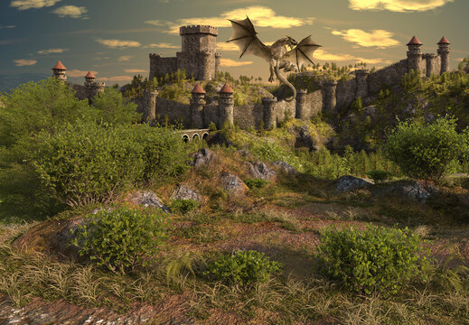 3D Rendered Fantasy Landscape with Dragon and Castle - 3D Illustration