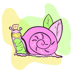 Cartoon style cute funny snail with pink shell. Sketch cochlea wearing medical mask and doctor's hat with red cross. Social media campaign for coronavirus prevention. Leaves and blots as background 