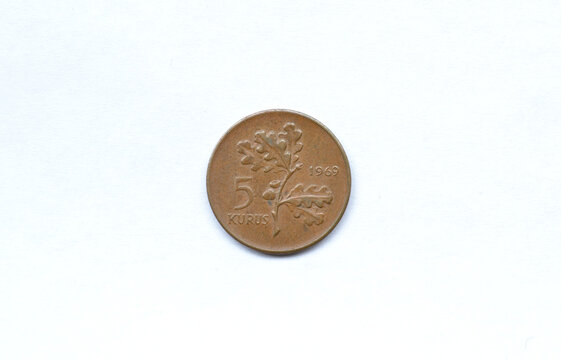 Obverse of 5 kurus coin made by Turkey in 1969