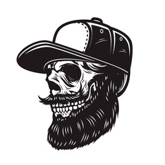 Illustration of bearded skull in baseball cap in engraving style. Design element for logo, emblem, sign, poster, card, banner. Vector illustration