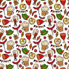 Hand drawn oktoberfest seamless pattern. Oktoberfest background pattern with drink and food on white.