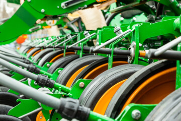 Agricultural machinery. Close-up of technical units and mechanisms of agricultural machinery. Springs and suspension elements