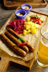Beer snacks on cutting board with sauces on a gray background