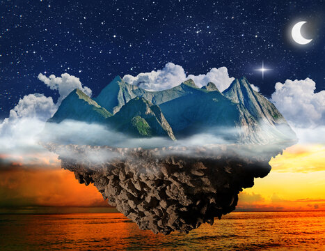 fantasy night lanscape, mountain island floating above sea  and starry sky with moon