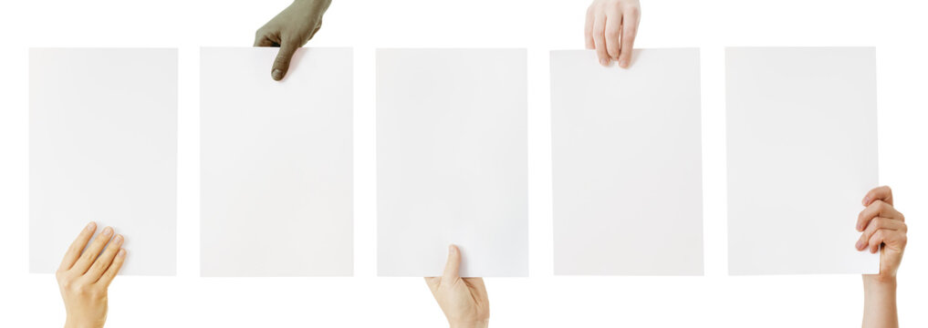 mixed group with hands holding blank paper isolated