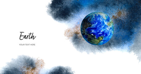 Horizontal design planets set card template with Earth on watercolor spine. Hand drawn watercolor illustration. © cosmicanna