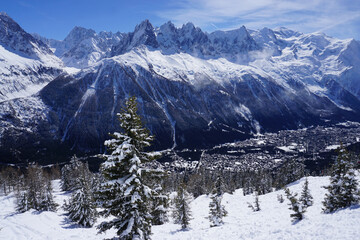 panoramic view of the town of Chamonix, France nestled in the high mountains of the Alps