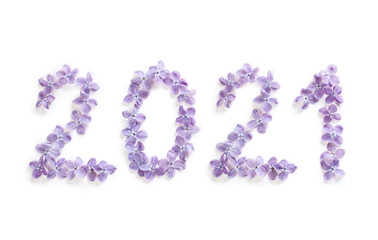 new year 2021 made of lilac flowers on white background