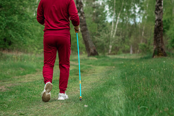 Fototapeta premium Nordic walking, sticks, legs close-up. The concept of a healthy lifestyle, cardio training. Copyspace.