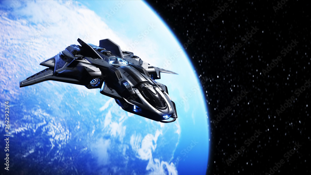 Wall mural spaceship in outer space. earth background. 3d rendering.