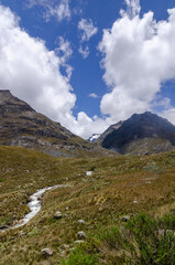 View of the valley landscape in Huascaran with green nature, small river and snow mountains